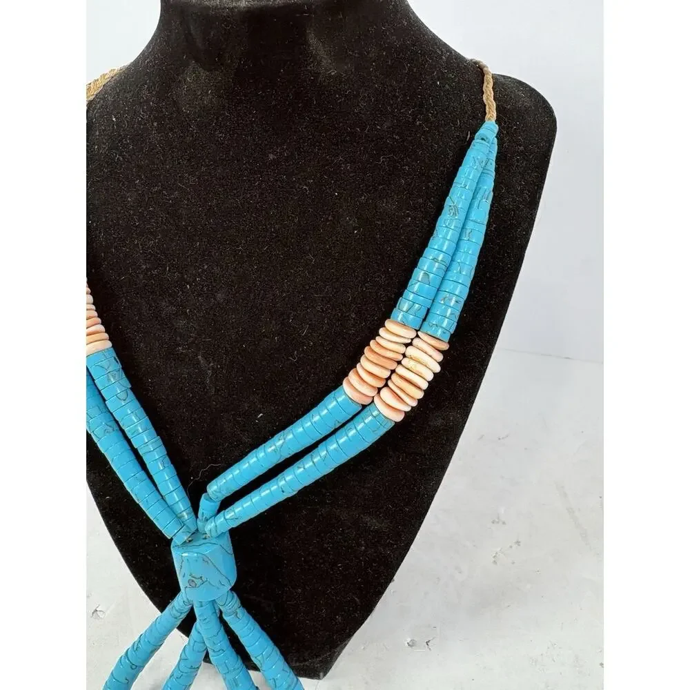 Vintage Southwestern Turquoise Color Heishi Shell Bead Bolo Necklace Adjustable
